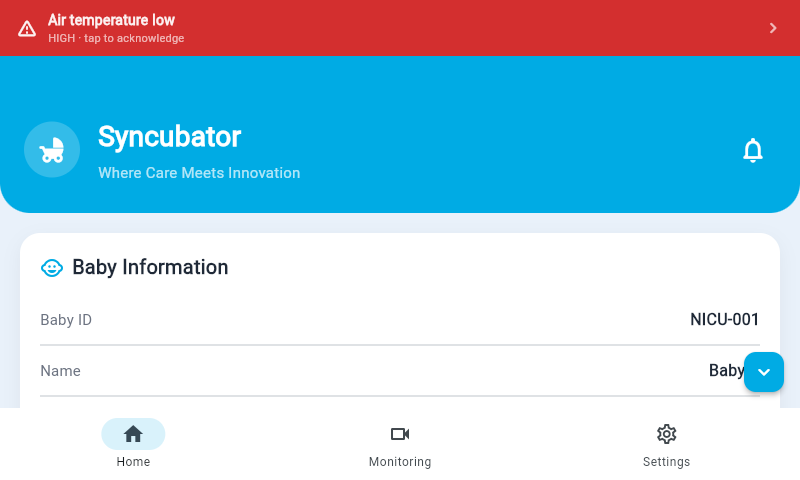 Syncubator application with a high-priority 'Air temperature low' alarm banner across the top