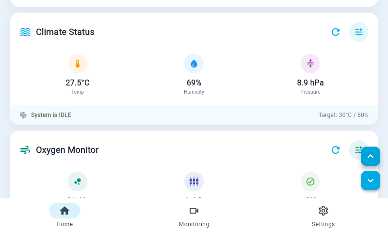Climate and oxygen cards in the Syncubator application showing temperature, humidity, pressure and the oxygen valve level
